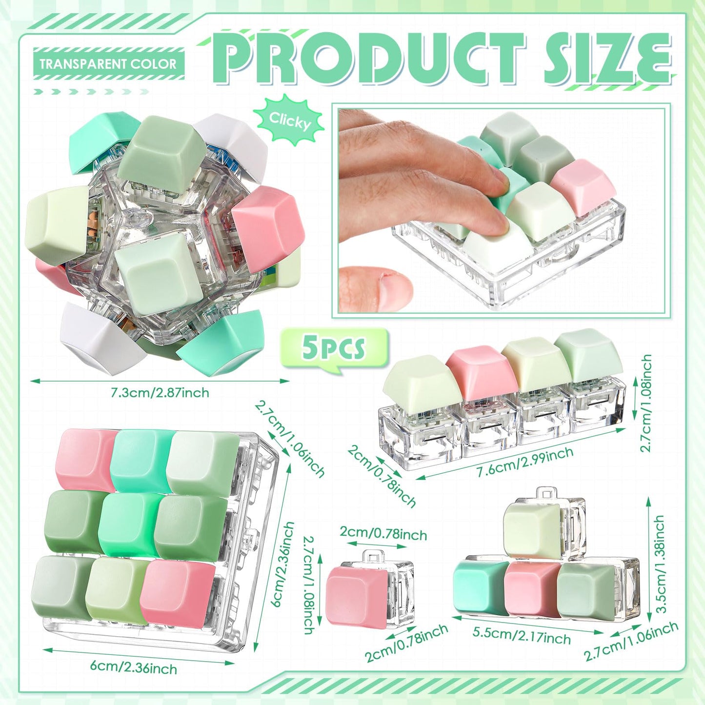 Halloscume 5 Pcs Keyboard mature-themed Fidget Toy Clicker Toy in 5 Styles Keyboard Fidget Keychain Cube Mechanical Key Button Clicker Stress Relief Gift for Office Home Pass Time(Fresh Color)