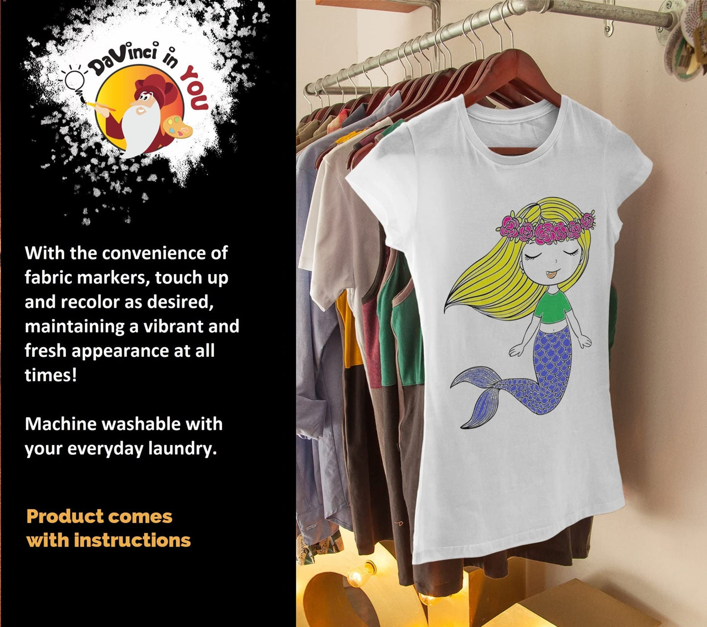DaVinci in You Coloring Shirt for Girls - Kit with 10 Fabric Markers and Alphabet Stencil (Mermaid, 8/9)
