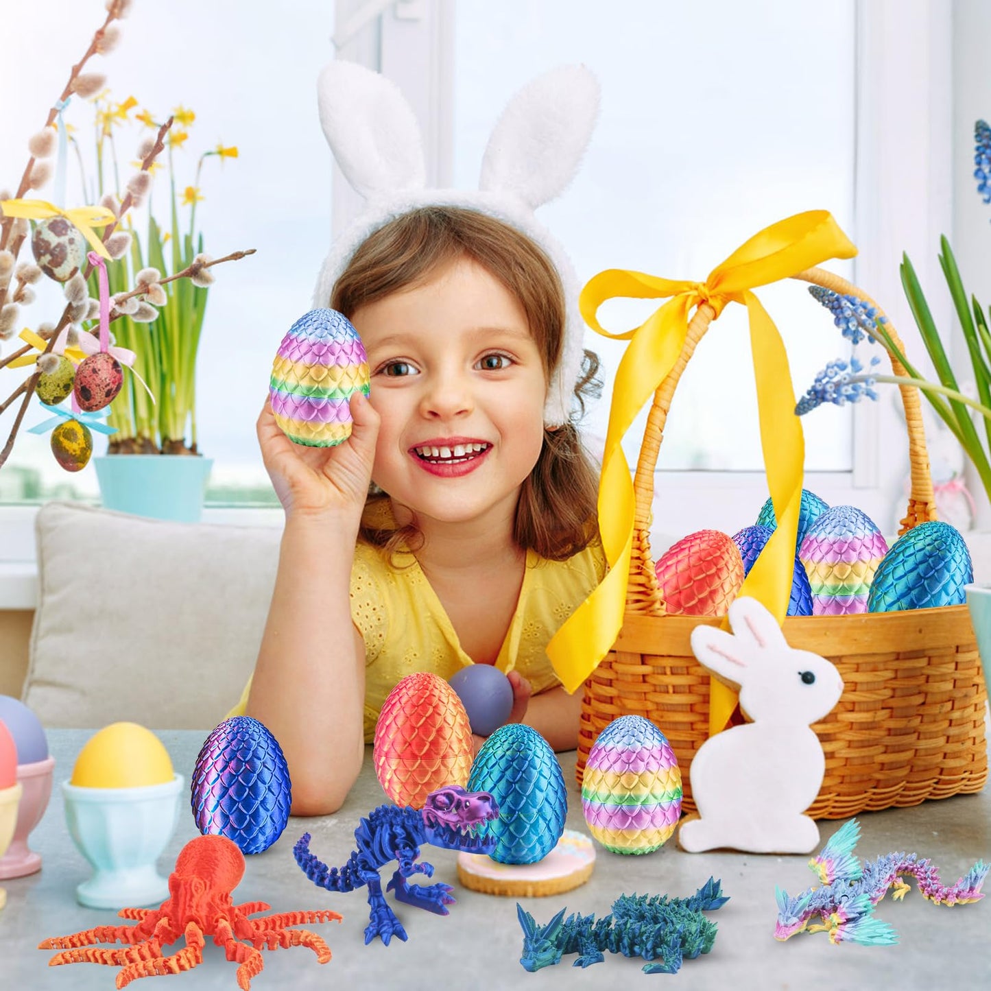 4Pcs 3D Printed Dragon Octopuses With Egg Easter Basket Stuffers Easter Egg 3D Printed Animals Toy Set