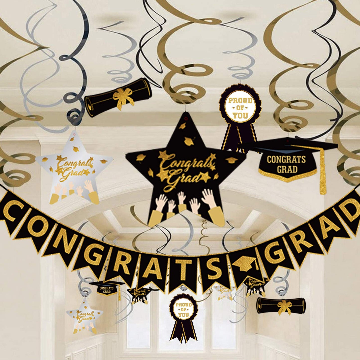 Graduation Hanging Swirl Banner Decorations, Black Gold Silver Star Banner Garland Party Supplies For Class Of 2025