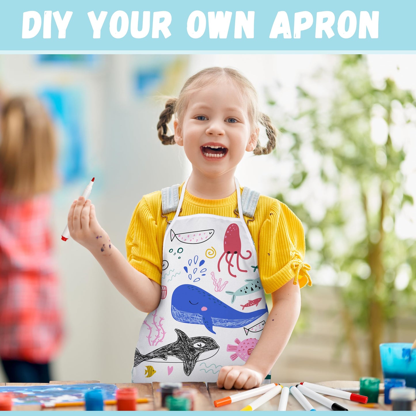 Pllieay 26 Pcs Diy Kid Aprons Toddler Painting Apron With Colored Pen And Stencils For Crafts White Aprons For Diy Craft