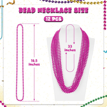 Huskein 12 Pcs Rosered Beads Necklaces, Breast Cancer Awareness Accessories, 33'' Mardi Gras Beads Bulk, Round Christmas Necklac