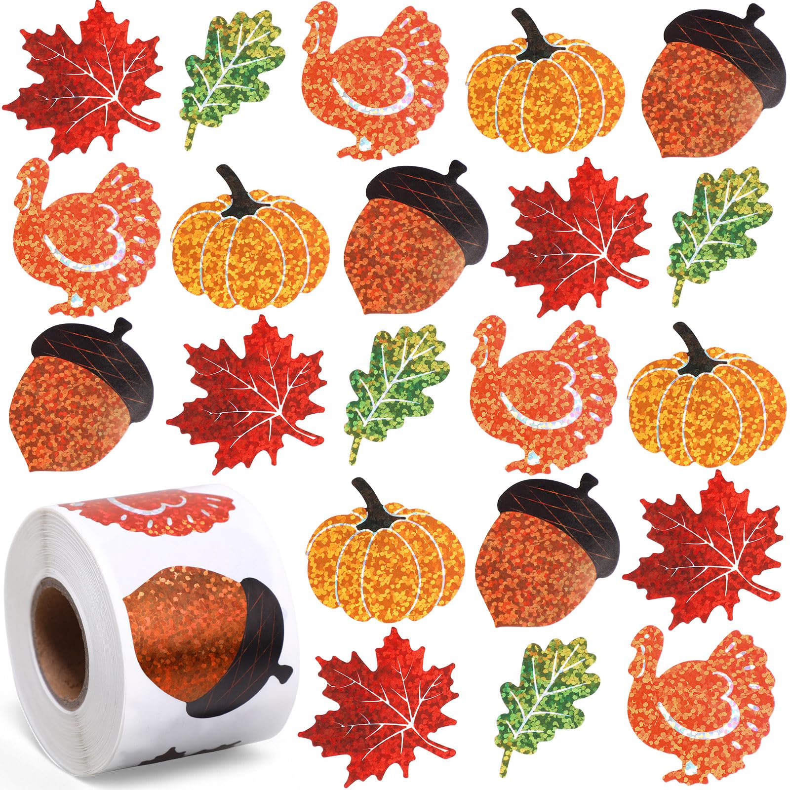 Feifeiya 500 Pcs Fall Thanksgiving Stickers Roll Laser Turkey Maple Leaf Acorn Decals 1.5 Inch Waterproof Self Adhesive Sparkly 