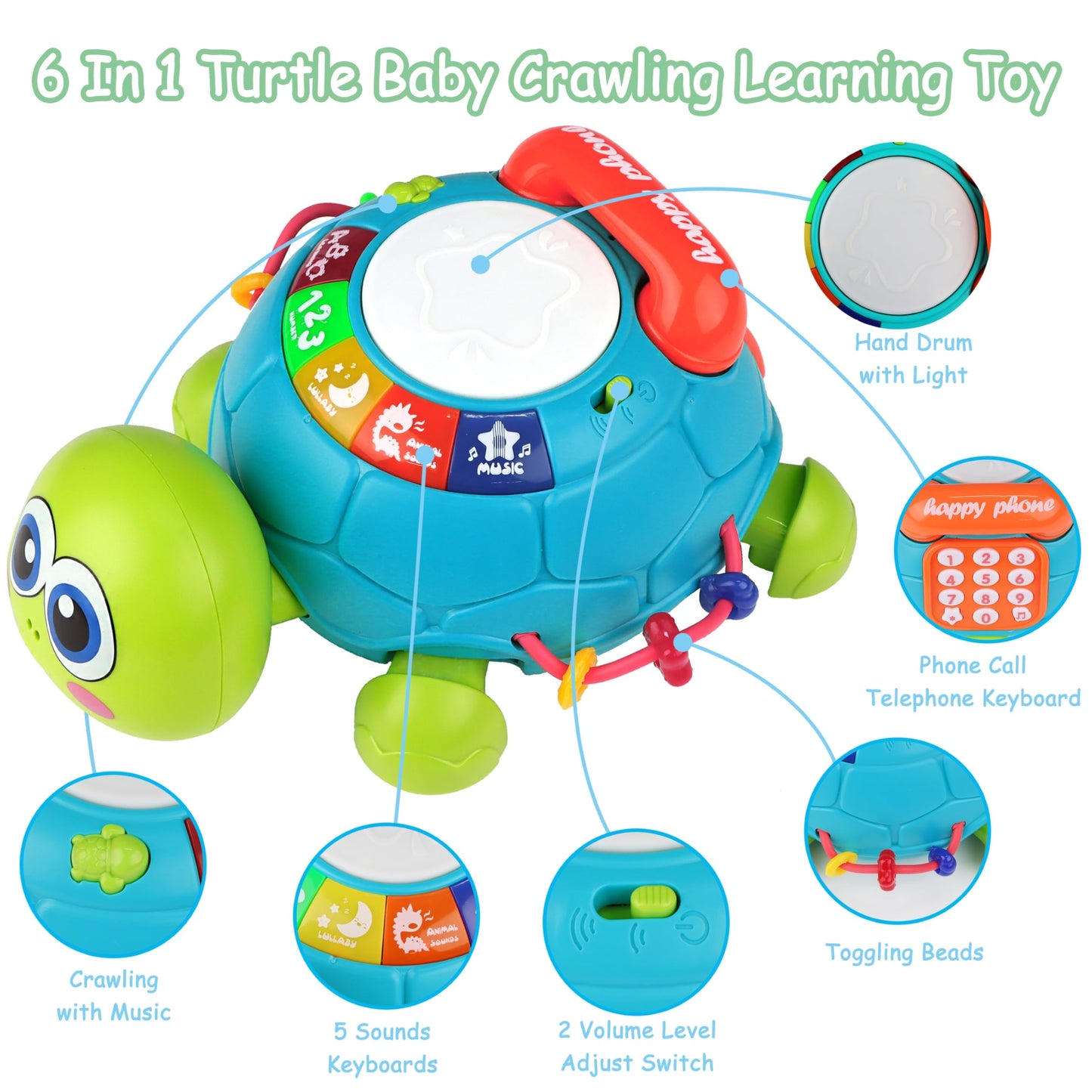 Kwyz Baby Toys 6-12 Months, Musical Turtle Crawling Baby Toys 12-18 Months, Tummy Time Toys With Light & Sound, Infant Toys 0-3