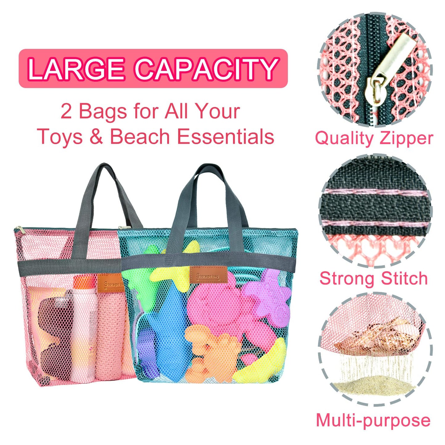 Aclarastra Collapsible Beach Sand Toys for Kids - Travel Beach Toys with 2 Collapsible Beach Buckets, Mesh Bags, Animal Sand Mol