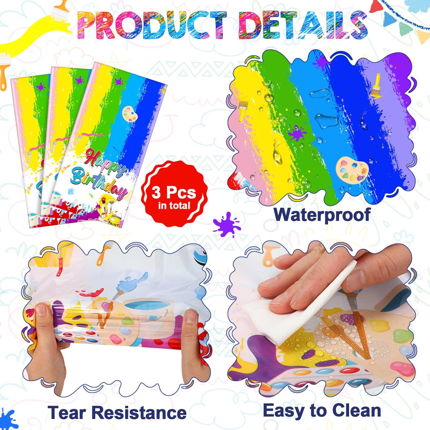 Zhehao 3 Pcs Art Paint Party Tablecloths Happy Birthday Table Cover Paint Splatter Table Cloth Disposable Plastic Art Party Deco