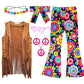 Xonyicos 8 Pcs Girls Kids 60S 70S Hippie Costume Disco Outfits Fringe Vest Boho Bell Bottoms Hippie Outfits Accessories Set (Flo
