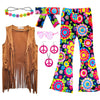 Xonyicos 8 Pcs Girls Kids 60S 70S Hippie Costume Disco Outfits Fringe Vest Boho Bell Bottoms Hippie Outfits Accessories Set (Flo