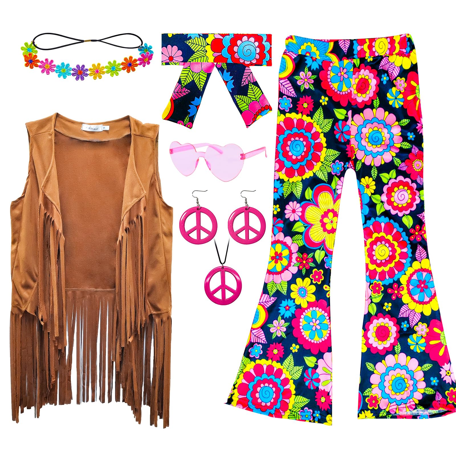 Xonyicos 8 Pcs Girls Kids 60S 70S Hippie Costume Disco Outfits Fringe Vest Boho Bell Bottoms Hippie Outfits Accessories Set (Flo
