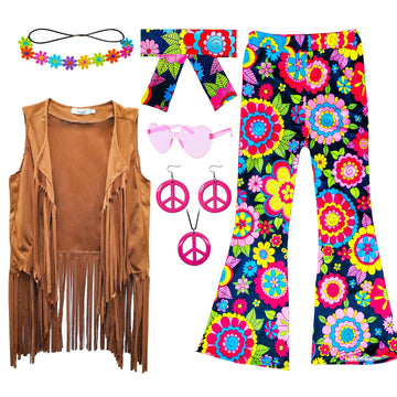 Xonyicos 8 Pcs Girls Kids 60S 70S Hippie Costume Disco Outfits Fringe Vest Boho Bell Bottoms Hippie Outfits Accessories Set (Flo