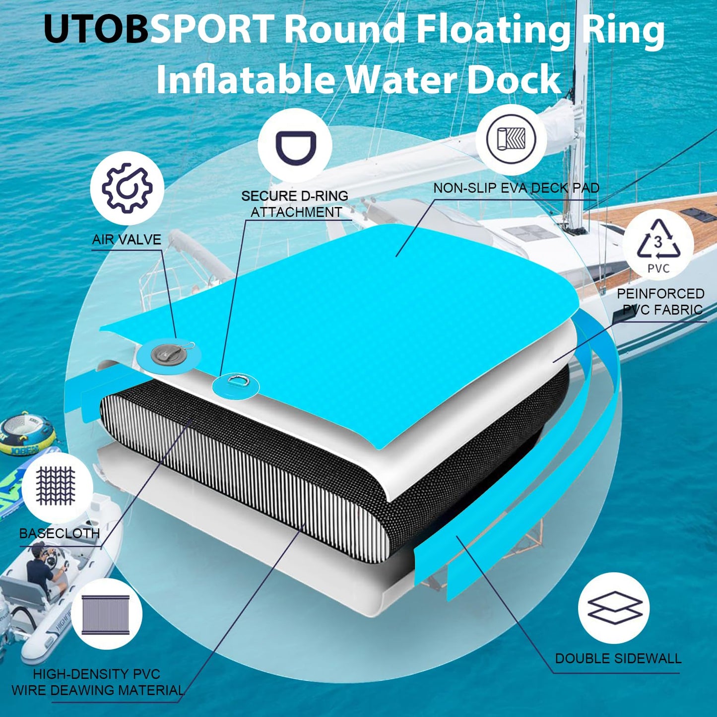Utobsport Inflatable Water Hammock Floating Dock 8X8 Ft Water Floating Island Raft For Lake Boat Pool Ocean | Adults Kids Dogs,
