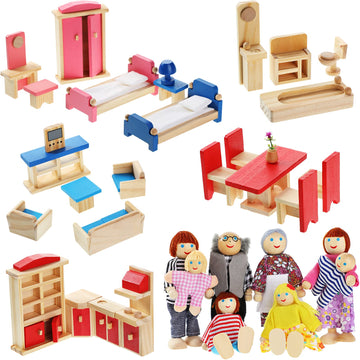 Sumind 35 Pcs Wooden Doll House Furniture And Accessories Set With 27 Pcs Dollhouse Furniture 8 Pcs Doll House Family Figures For Dollhouse Family Set
