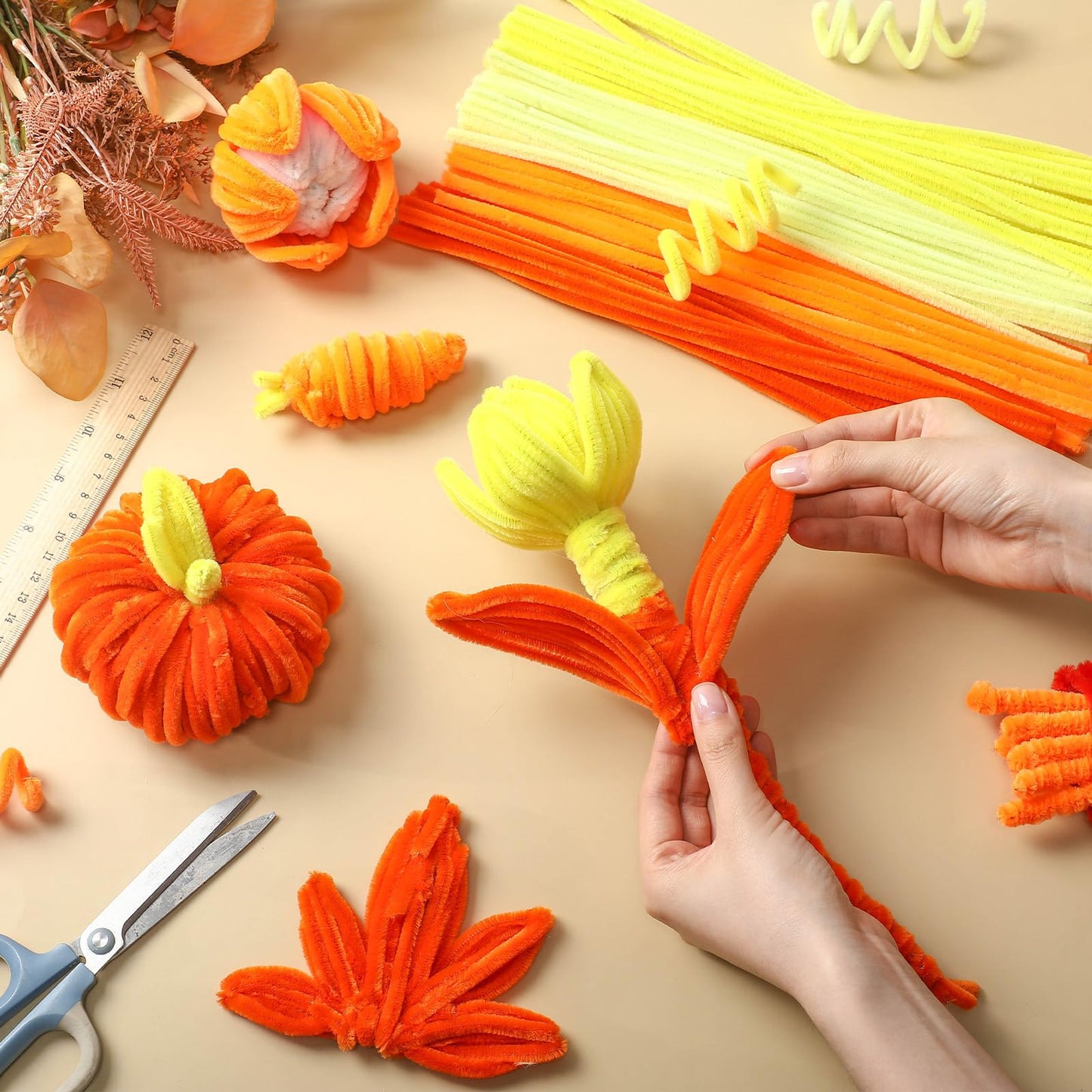 RoundFunny 400 Pcs 24 Inch Extra Long Orange Pipe Cleaners Chenille Stem Thick Fluffy Pipe Cleaners Craft Supplies for Halloween