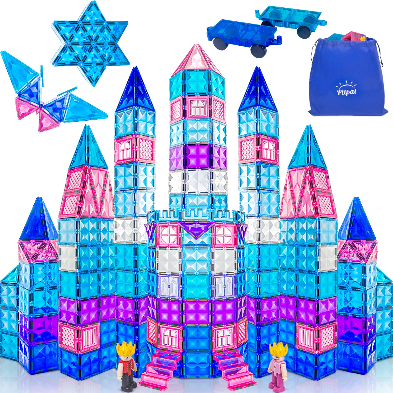 Pitpat 128 pcs Magnetic Tiles for Kids with 2 Cars and Storage Bag, Magnet Blocks Building Set with Stronger Magnets, Magnetic S