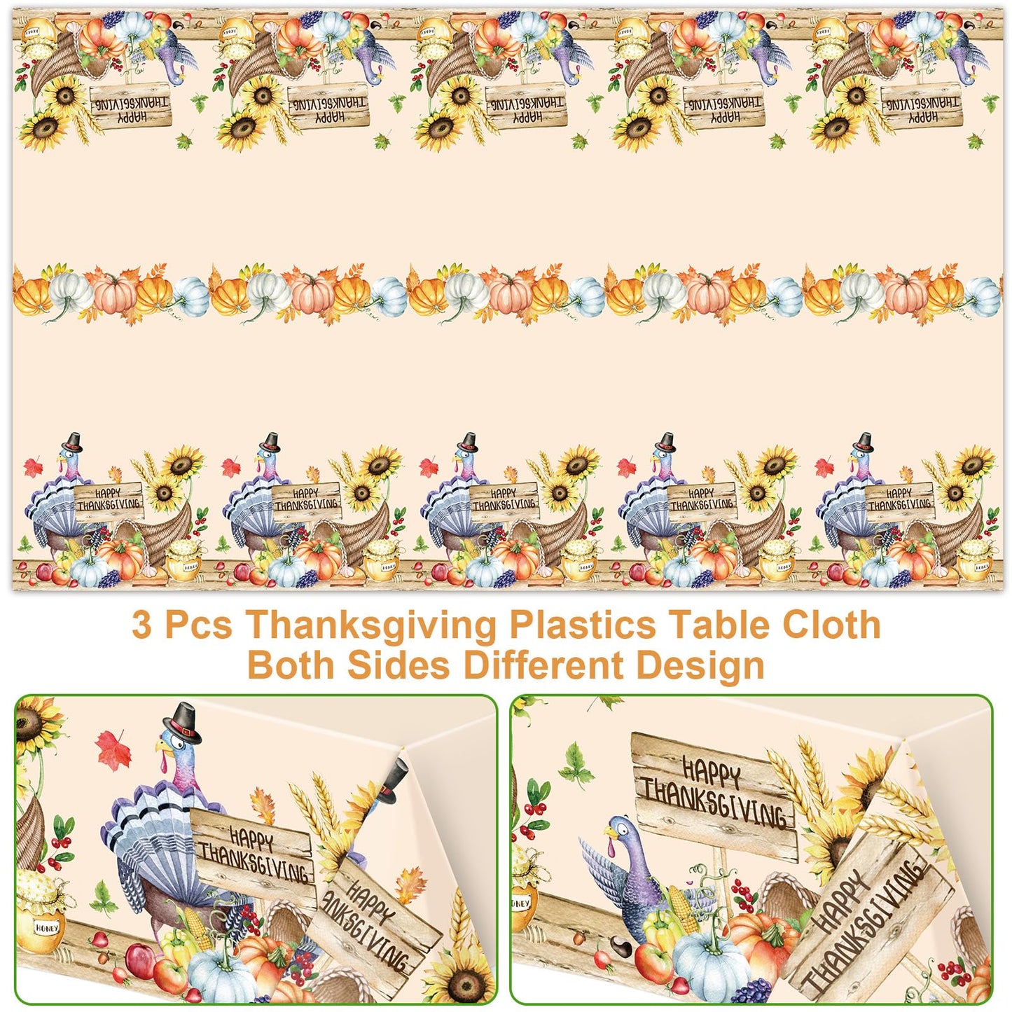 ceiba tree Thanksgiving Tablecloth Disposable Turkey Plastic Tablecloths 3 PCS Table Covers Rectangular 54 X 108 inch Waterproof