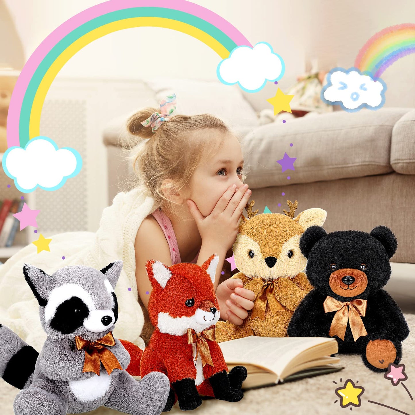 Woodland Stuffed Animal Jungle Animal Toy Set Including Plush Elk Fox Raccoon Black Bear Realistic Toy Woodland Forest Animals Mini Plush Wild Animals Toys