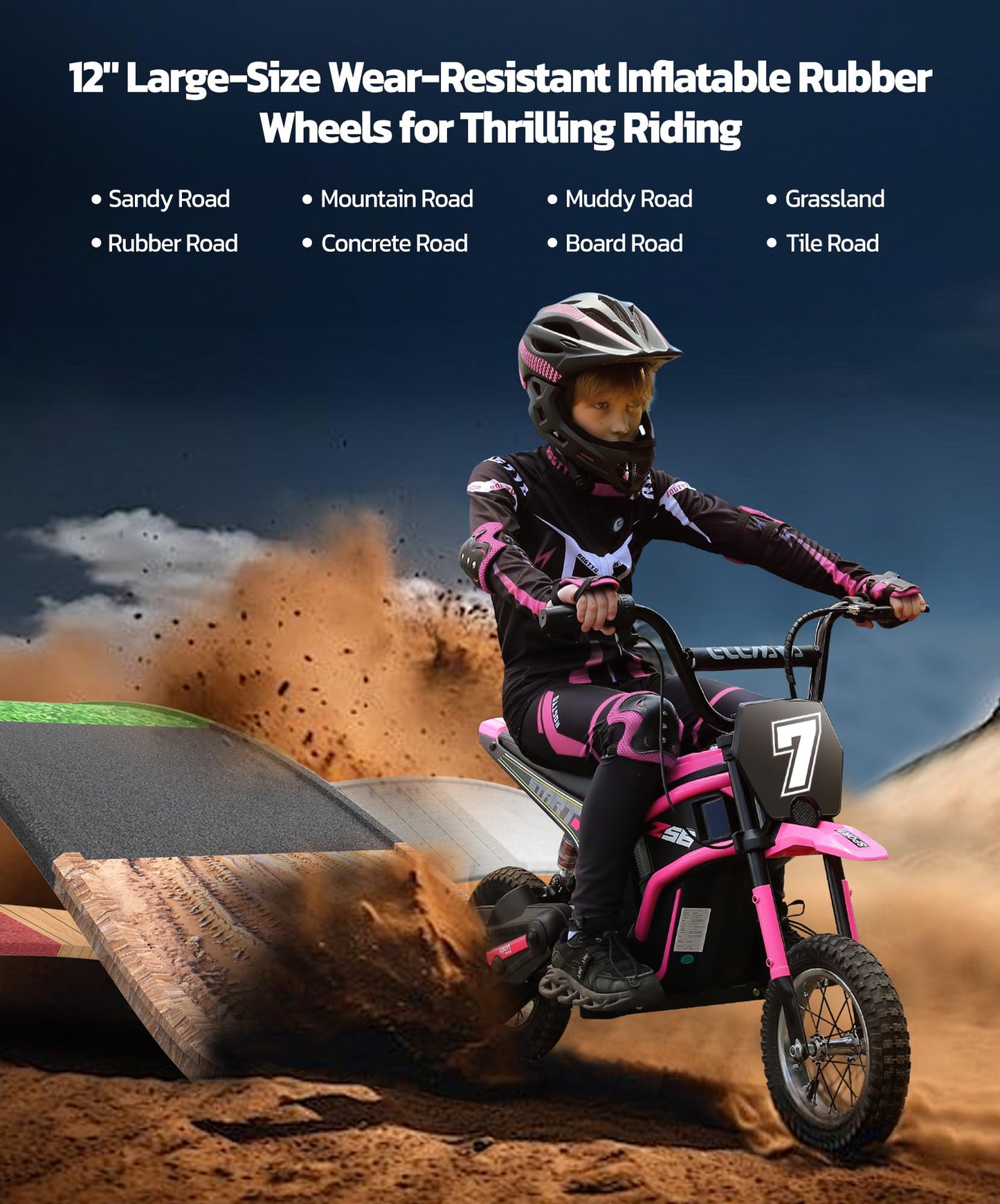 Elemara Electric Motorcycle For Kids, Dirt Bike Electric With Music & Bluetooth,350W Chain-Driven Motor,15.5 Mph & 150Lb Max,Twist-Grip Throttle & Hand-Operated Rear Brake,12' Air-Filled Tires-Pink