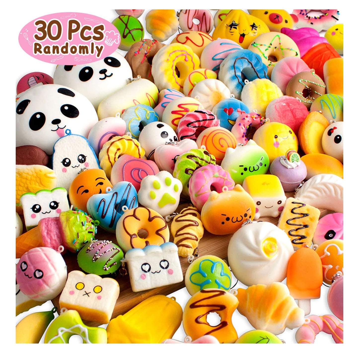 Budi Upgraded Coluans 30Pcs Kawaii Squishies Random Super Slow Rising Squeeze Fidget Toy Bun Phone Straps Stress Relief Toys For Adults Birthday Favors For Kids Treasure Box Pinata Pretend Play