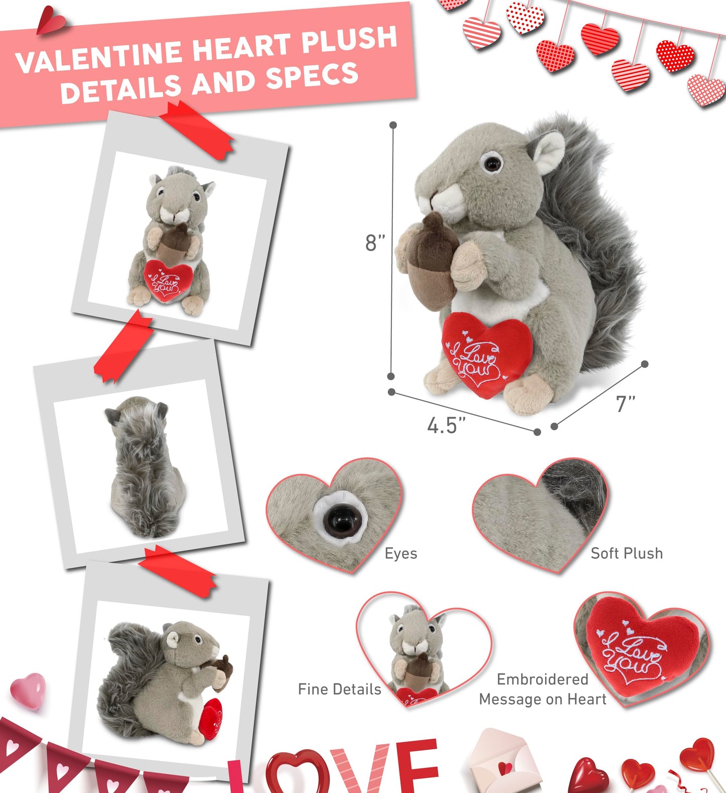 DolliBu I Love You Valentine Plush Grey Squirrel - Cute Stuffed Animal with Red Heart and Name Personalization Gift for Valentines Day  Birthday  Anniversary  Romantic Date - 8 Inches