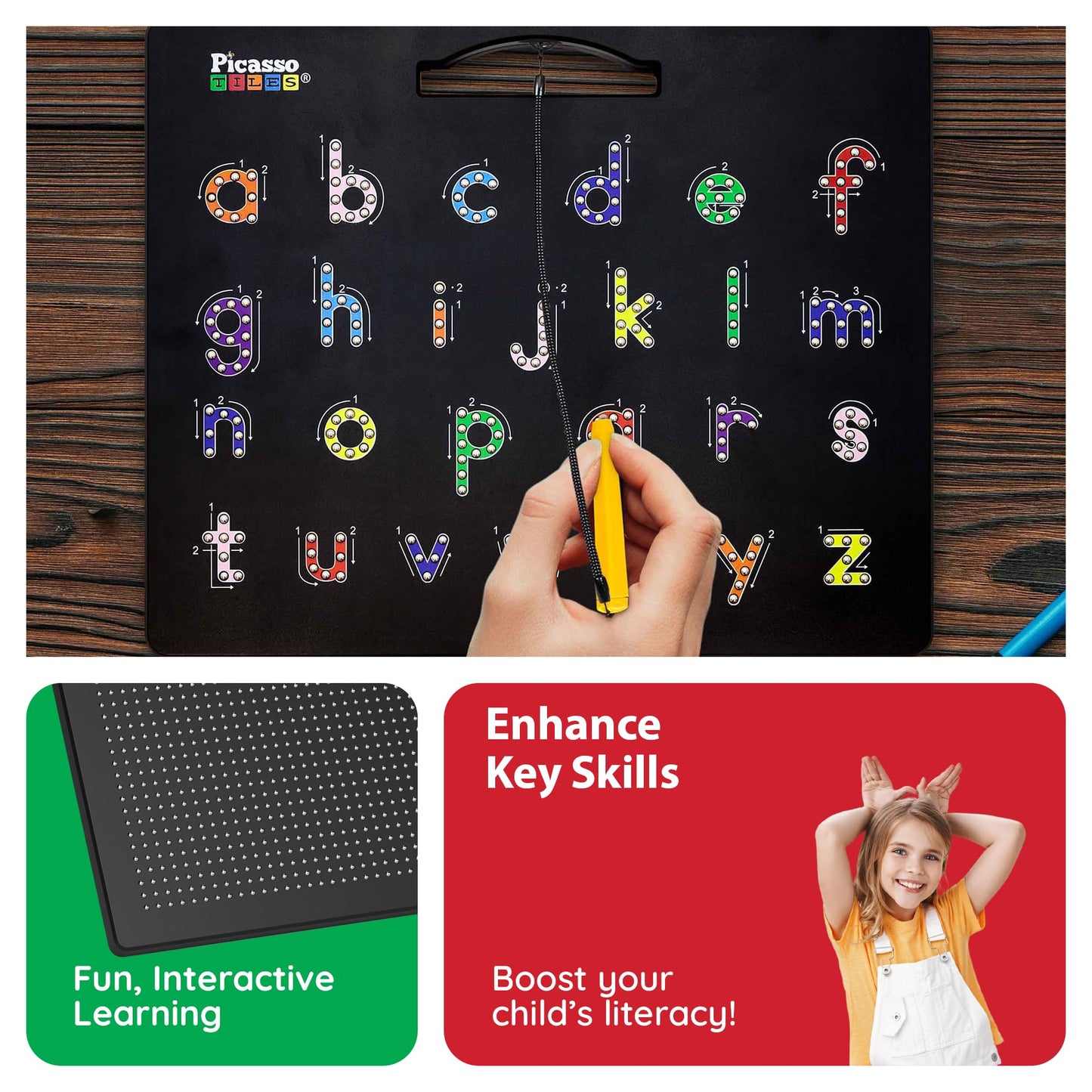 PicassoTiles 2-in-1 Magnetic Drawing Board Toy 12x10 inch Large Magnet Bead Tablet Pad with 2 Facings Alphabets STEM Educational