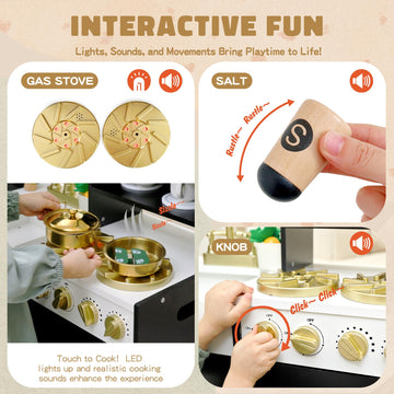 Wooden Play Kitchen Set for Kids - Interactive Pretend Toddler Kitchen Playset with 12 Kitchen Toy Accessories, Perfect for Ages