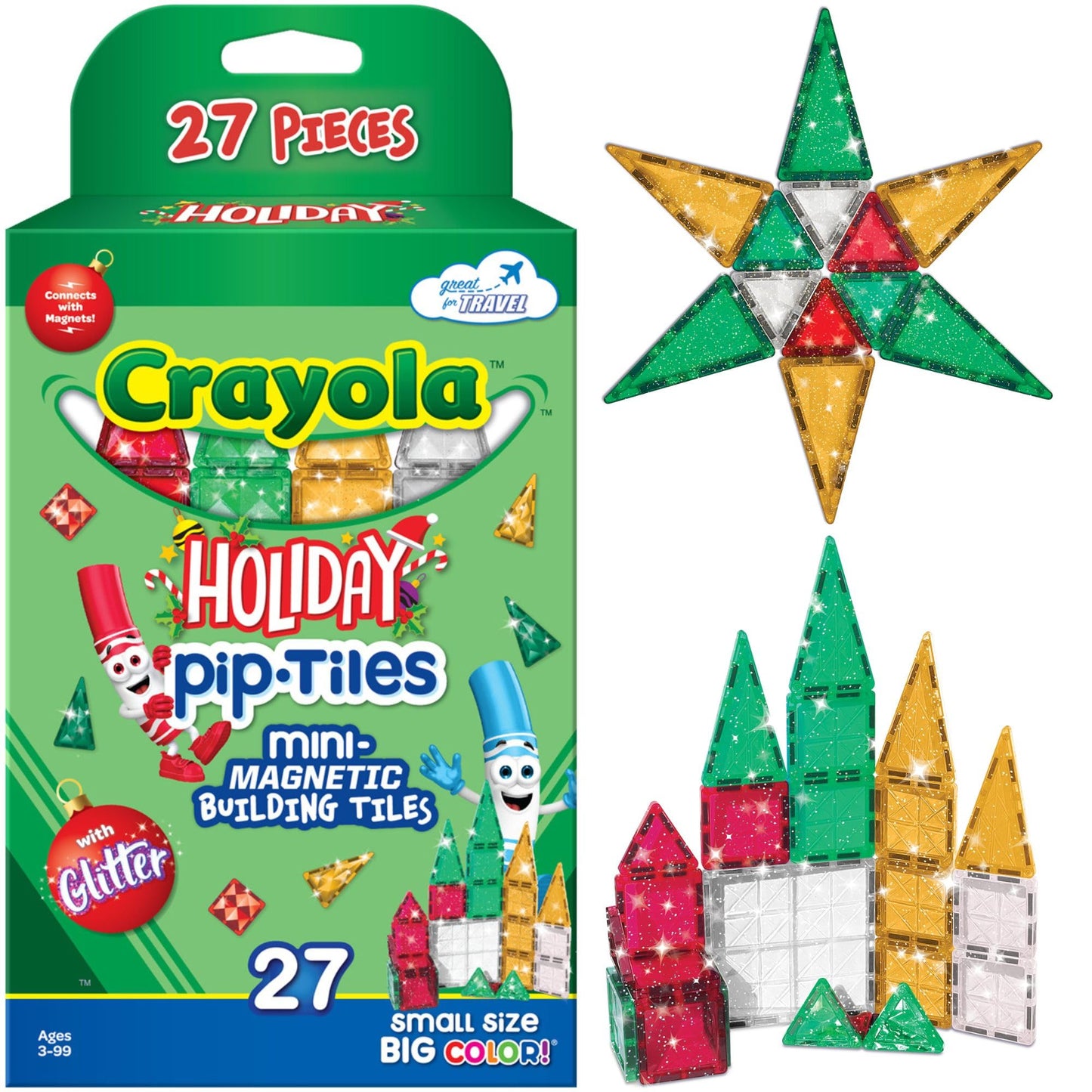 Createon Crayola Holiday Glitter Mini Pip Magnetic Tiles, Magnetic Kids’ Building Toys, Stem Learning Travel Toys For Boys And Girls, 27-Piece Set