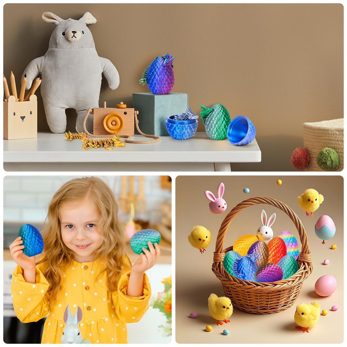 Tboline 4Pcs 3D Printed Dragon Egg, Mystery Easter Egg Articulated Crystal Animals Fidget Toy For Boy Kid, 3D Print Small Dinosa