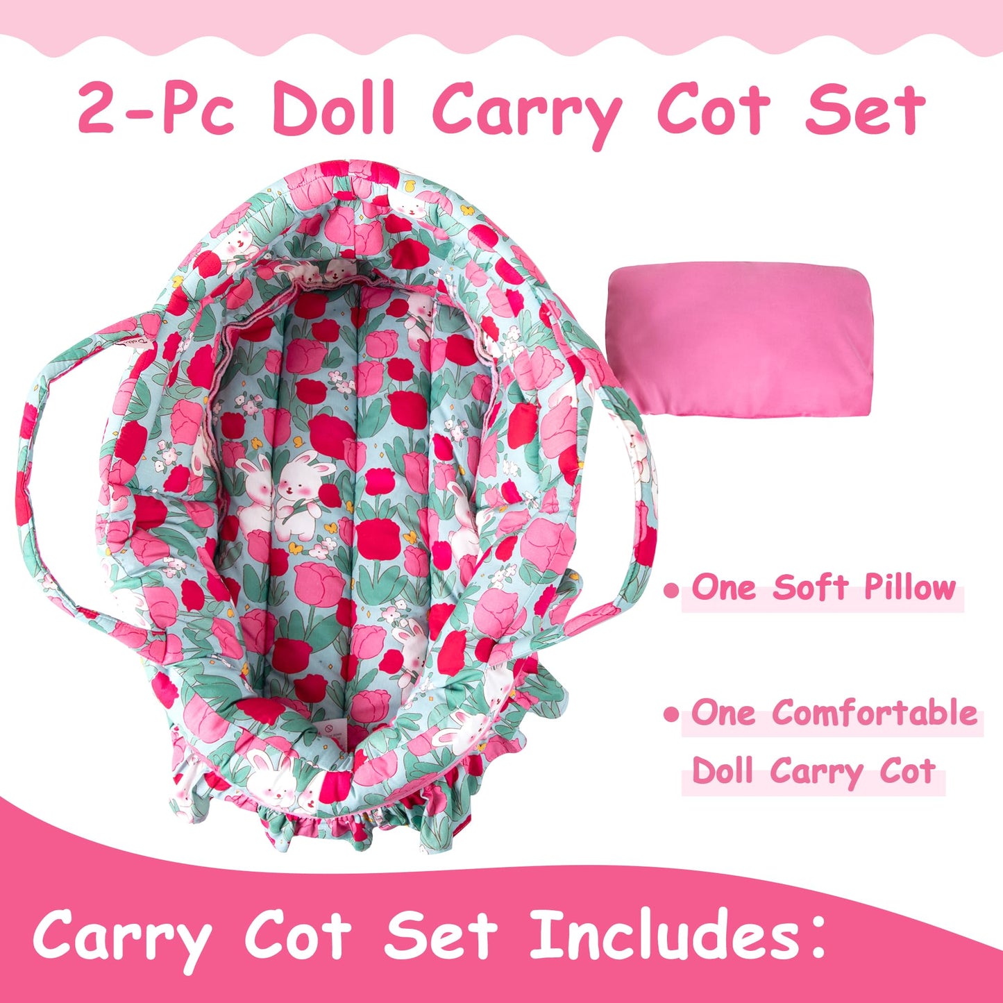 Rakki Dolli Doll Carry Cot Set, Soft Doll Carrier Basket Bassinet Includes 1 Cot And 1 Pillow, Rose Rabbit Doll Bassinet, Fits F