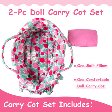 Rakki Dolli Doll Carry Cot Set, Soft Doll Carrier Basket Bassinet Includes 1 Cot And 1 Pillow, Rose Rabbit Doll Bassinet, Fits F