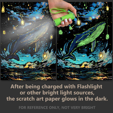 Glow in The Dark Scratch Art Rainbow Painting Paper 8 Sheet with Pen / Cleaning Brush, Engraving Landscape Scratchboard(A4) for