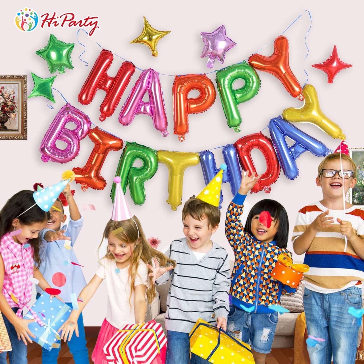 Birthday Balloons Banner, 3D Mylar Foil Happy Birthday Balloons, 24Pcs Birthday Party Decorations With 6Pcs Star Balloons For Ki
