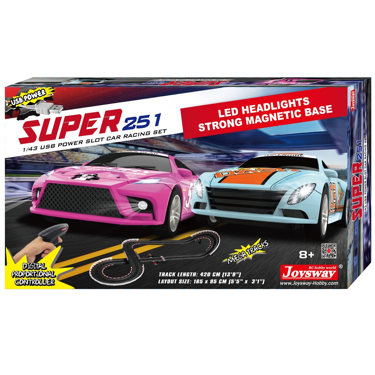 Joysway Super 251 USB Power Slot Car Racing Set with LED Headlights, Magnetic Base & Lap Counter, Ages 8+, Model 2251