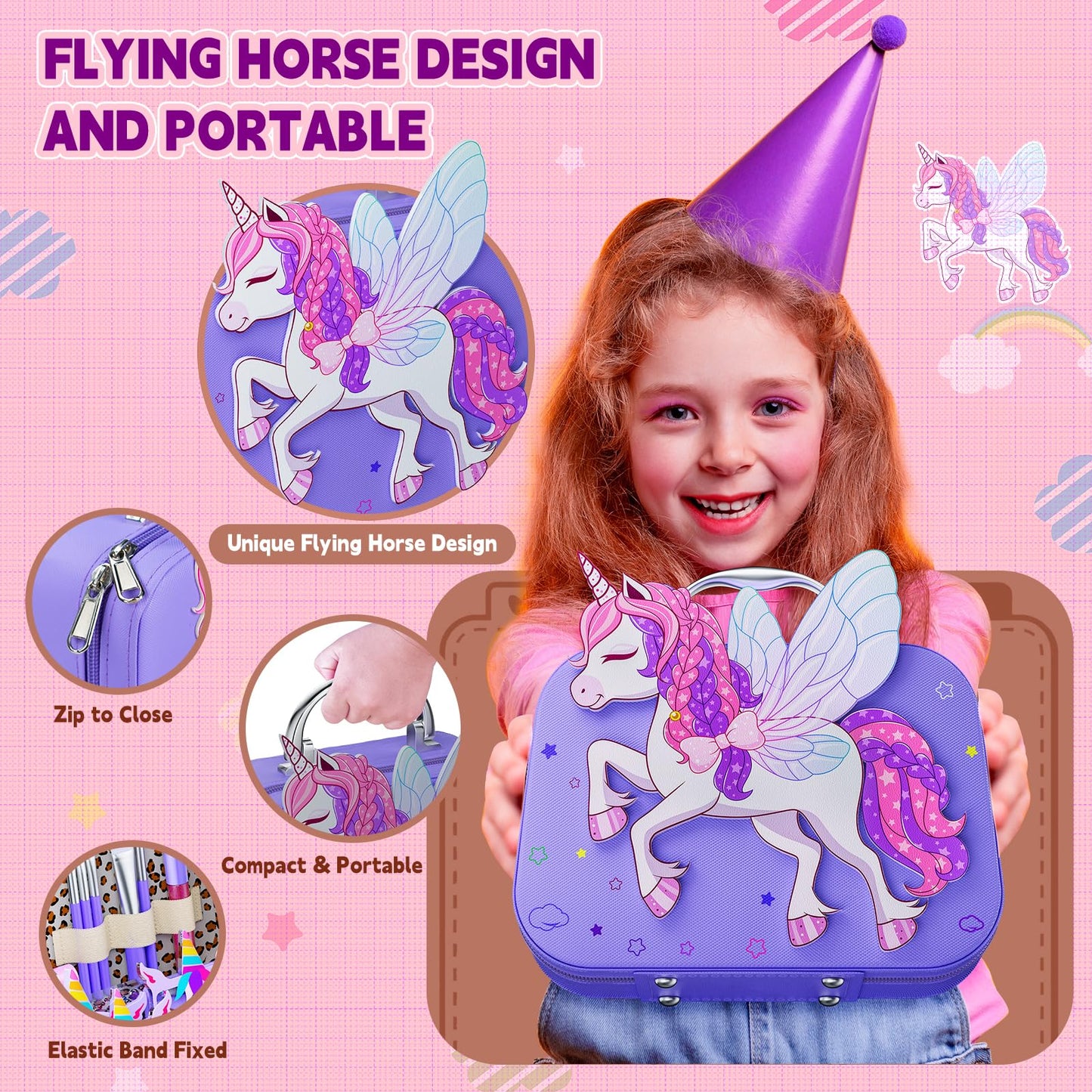 Kids Makeup Kit For Girl - Kids Makeup Girl Toys With Flying Horse Storage Case, Girl Makeup Sets Kids Toys Kids Play Makeup Set