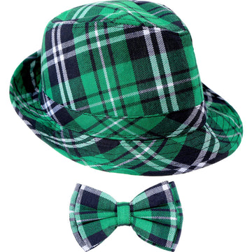 Zhanmai St. Patricks Day Hat Green Plaid and Bow Green Cowboy Top Hat Mardi Gras Irish Party Accessory Set for Men Women Suppli
