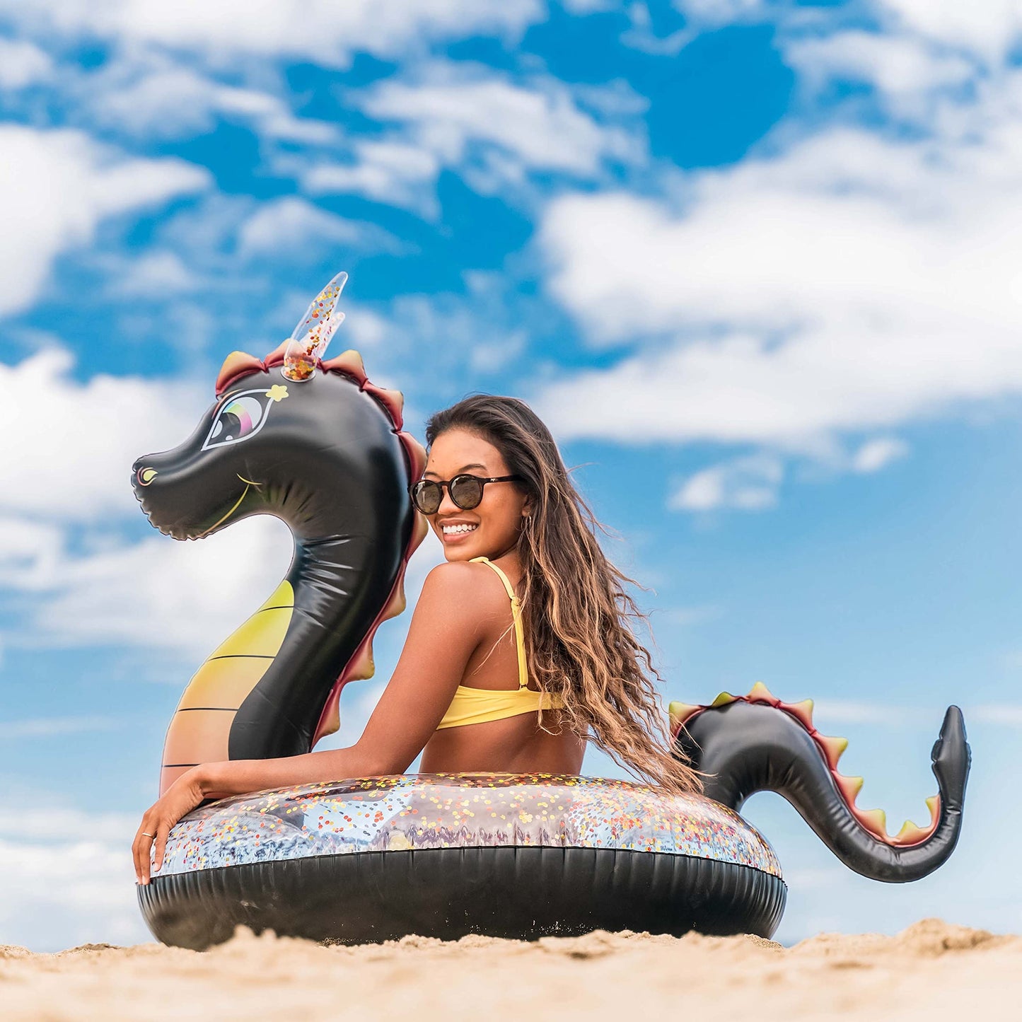 Poolcandy Inflatable 40 inch Animal Pool Tubes & Swim Rings (Black Sea Dragon with Glitter Inflatable 40 Pool Tube)
