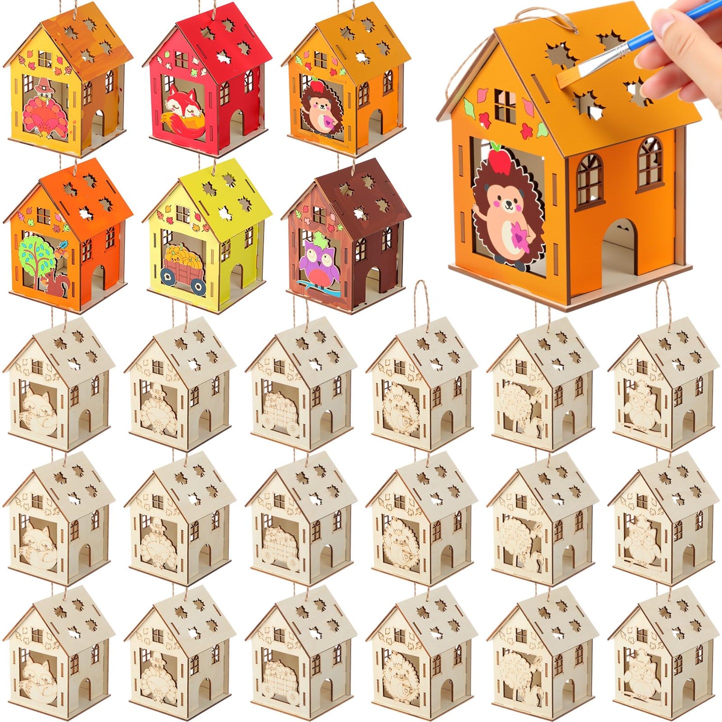 DoubleFill 24 Pcs Fall Wooden House Craft Kits for Kids Adults Make You Own Fall House Thanksgiving DIY Unfinished Painting Turk