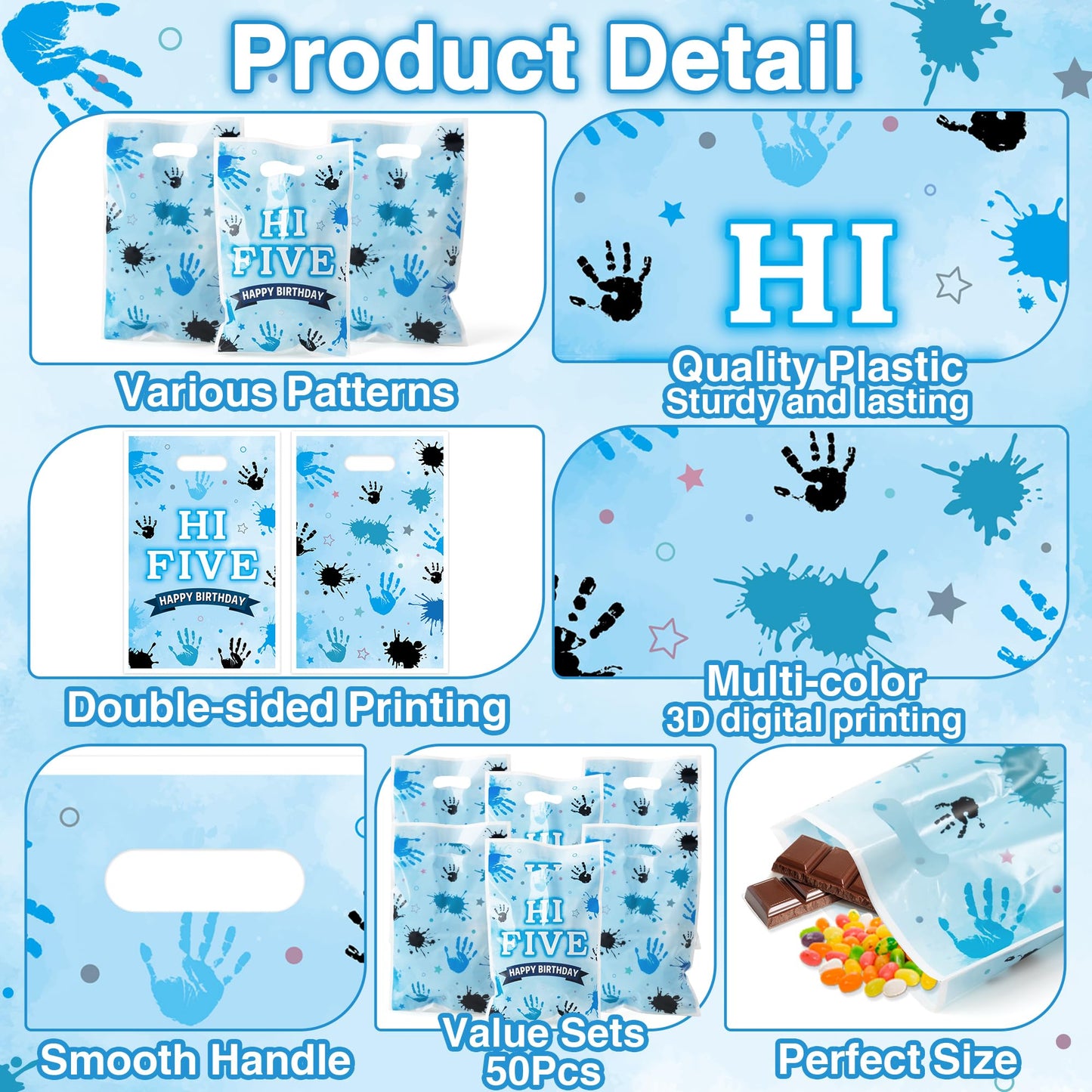 ArianQicult Hi Five Party Favor Bags - 50Pcs Blue High 5 Year Old Goody Candy Treat Gifts Bags 5th Birthday Painting Decorations
