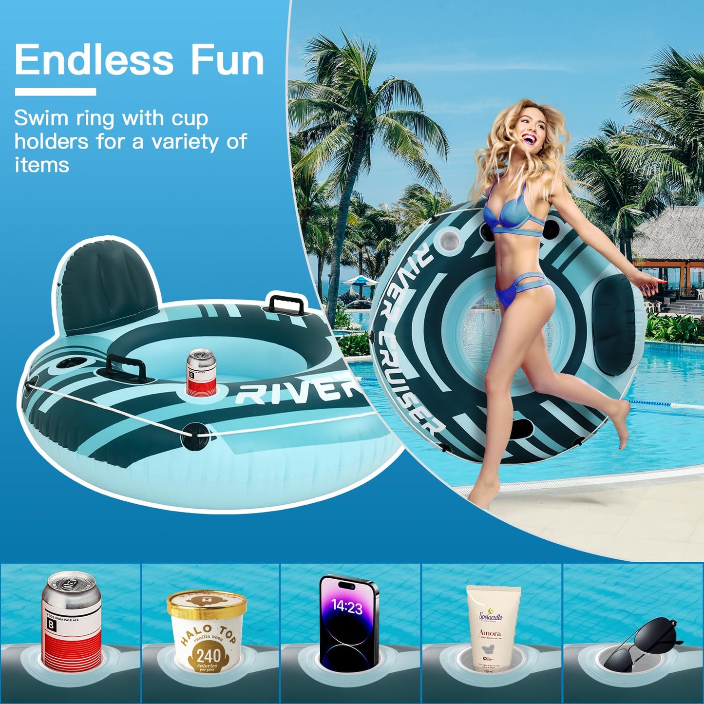 2-Pack Sunrio Medium Turquoise Pool Floats enhanced River Tube with Mesh Bottom Backrest & Cup Holder Giant Floaties for mature-themeds Fashion Pool Floaties for Occupations & Recreation Pool Lounger(Green)