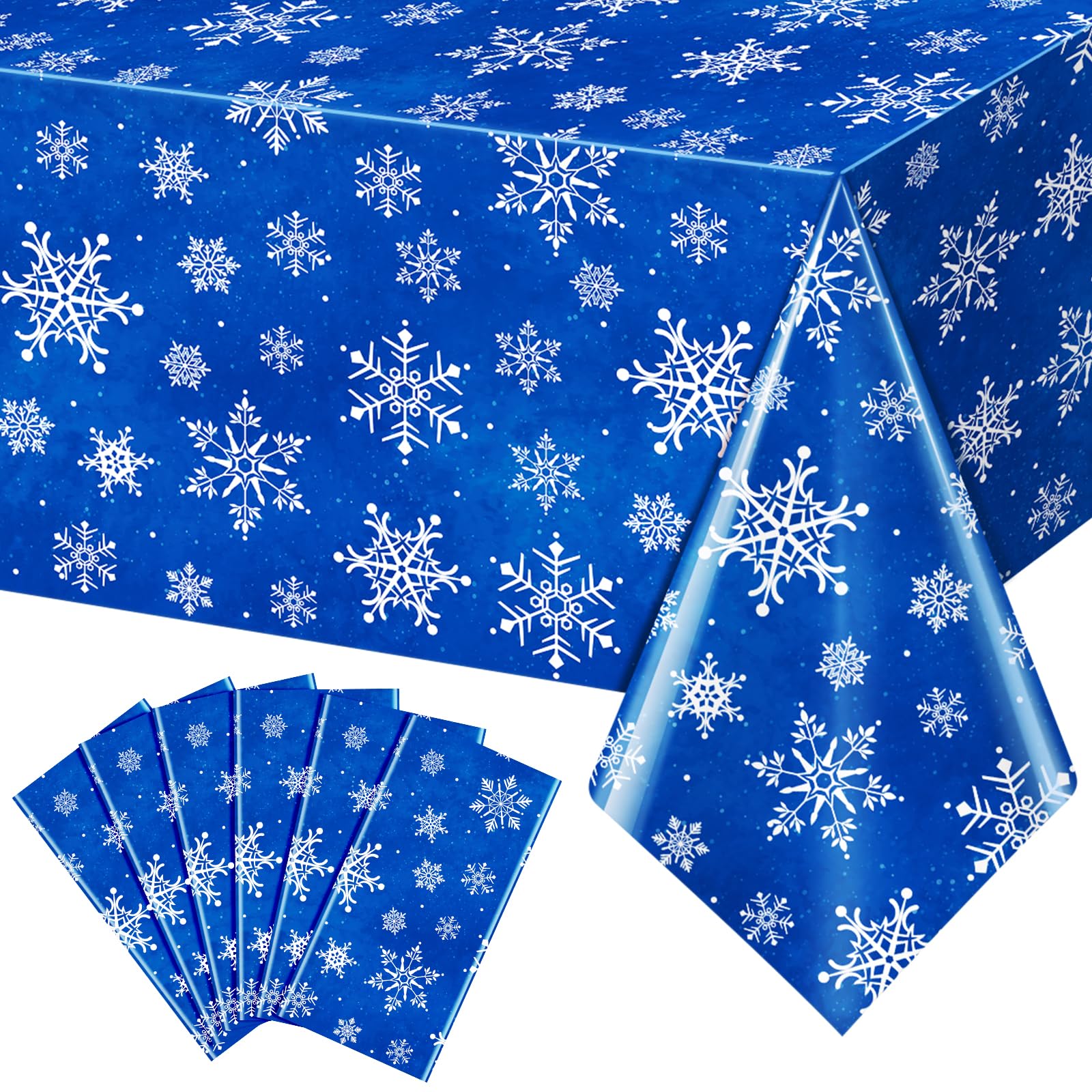Jectivs 6 Pieces Christmas Snowflake Plastic Party Tablecloth Decorations,White Snowflake Blue Xmas Backdrop Sign Table Cover Ba