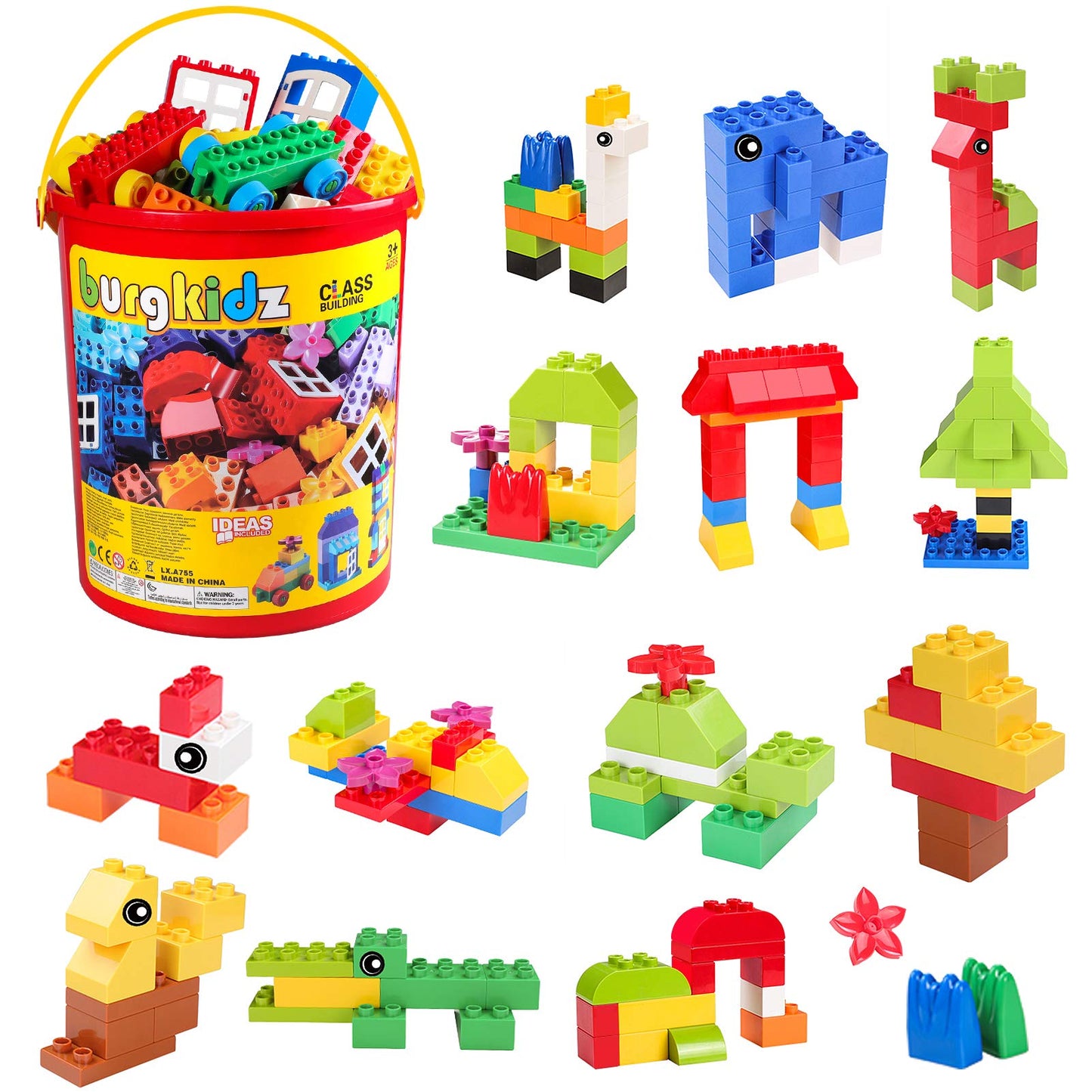Burgkidz Big Building Block Set - 214 Pieces Toddler Educational Toy Classic Large Size Building Block Bricks - 13 Fun Shapes And Storage Bucket - Compatible With All Major Bulk Bricks Set