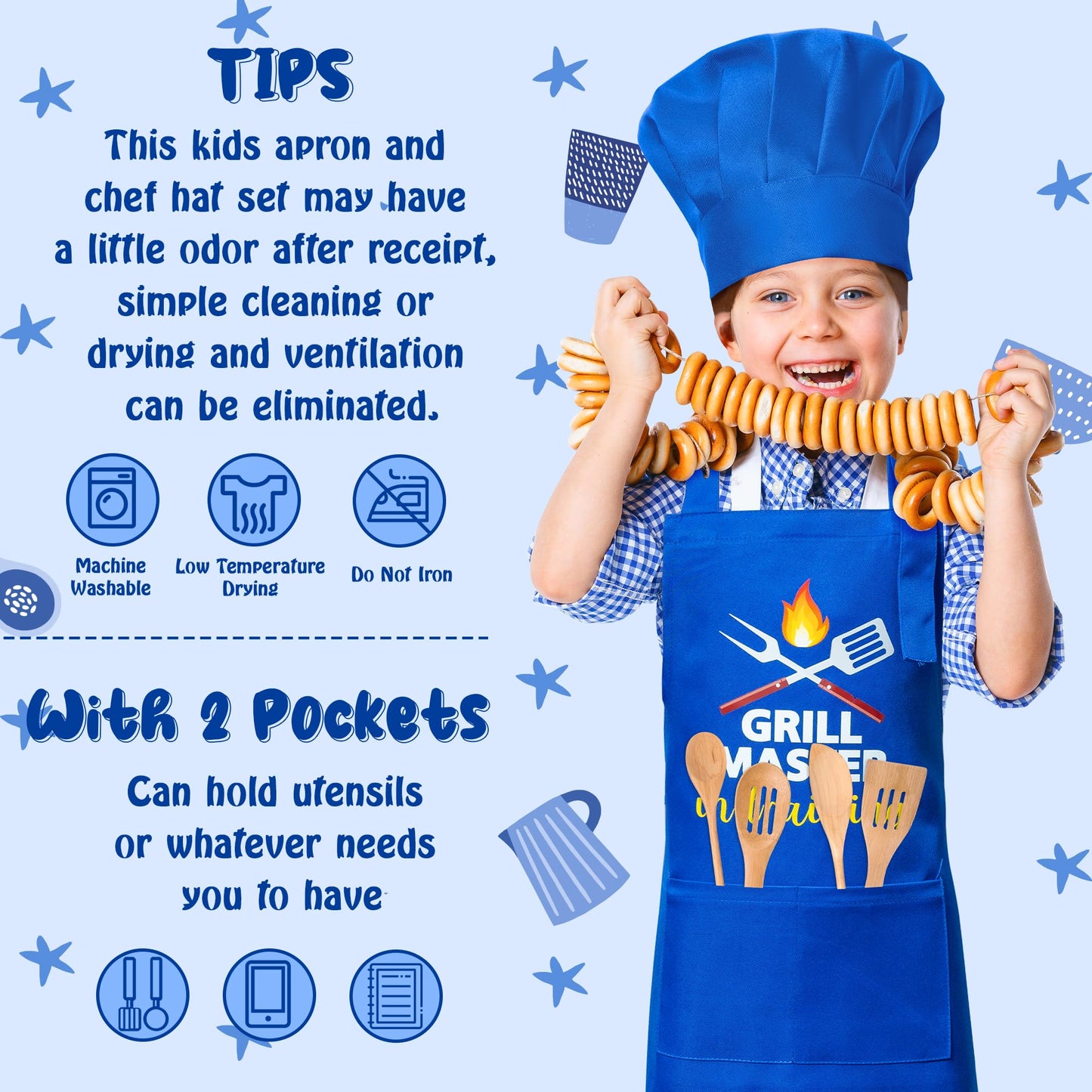 R HORSE Kid Apron and Chef Hat Set 2Pcs Adjustable Children Dark Blue Kitchen Apron, Dress up Role Play Chef Toy Cooking Baking