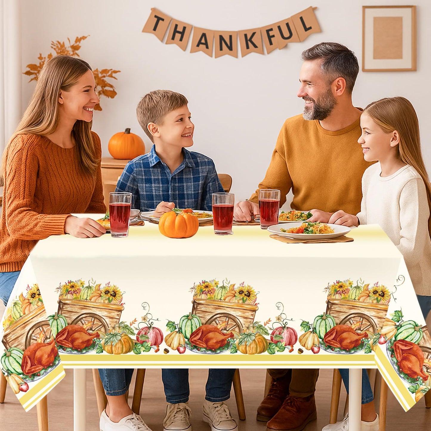 3PCS Fall Tablecloths, Thanksgiving Autumn Harvest Orange Pumpkin Flower Turkey Table Cover for Home Kitchen Party Picnic Thanks