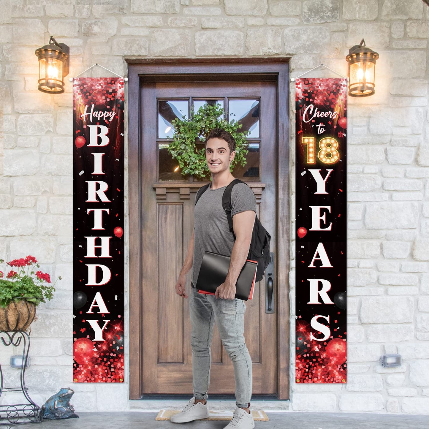 Happy 18Th Birthday Porch Sign Door Banner Decor Red And Black - Glitter Cheers To 18 Years Old Birthday Party Theme Decorations