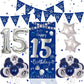 15Th Birthday Decorations For Boys Girls, Navy Blue Silver Happy 15Th Birthday Decorations Door Sign Banner 32'' Number 15 Foil