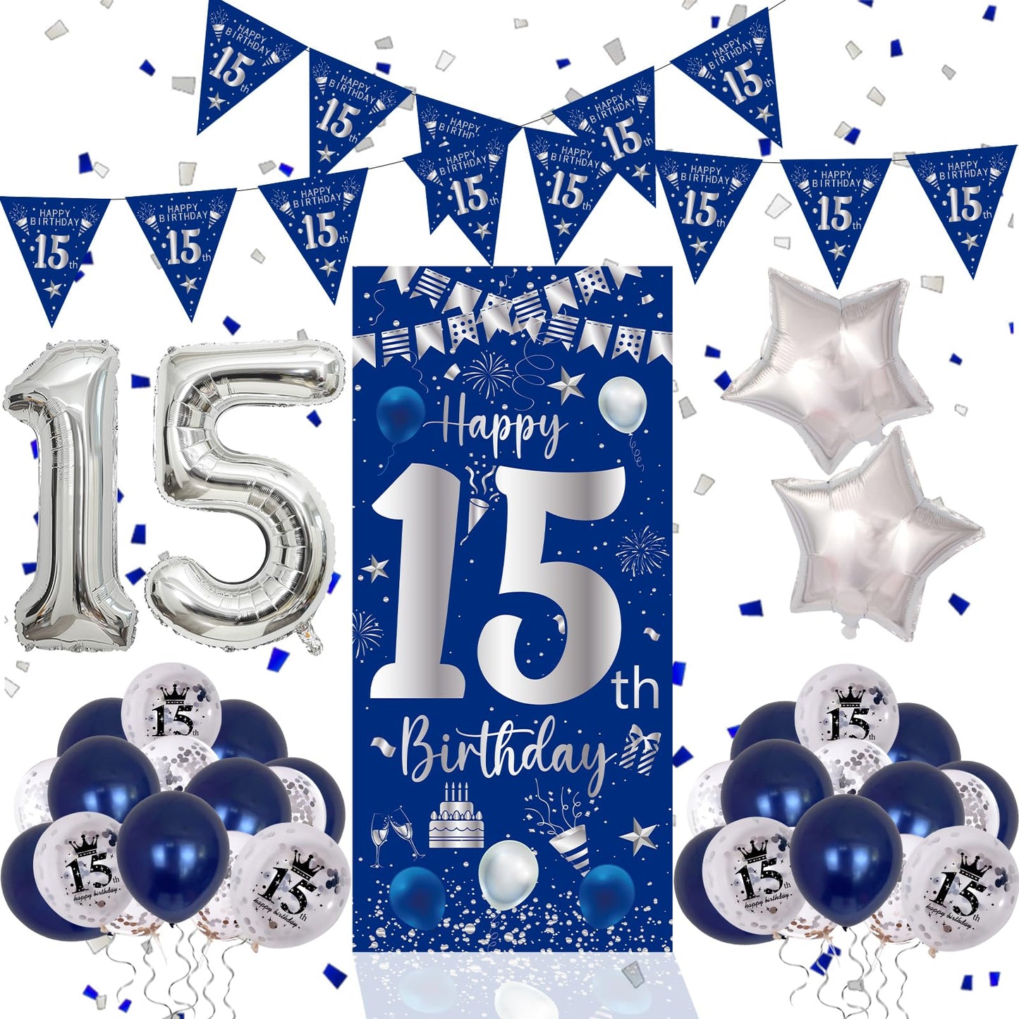 15Th Birthday Decorations For Boys Girls, Navy Blue Silver Happy 15Th Birthday Decorations Door Sign Banner 32'' Number 15 Foil