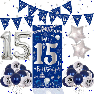 15Th Birthday Decorations For Boys Girls, Navy Blue Silver Happy 15Th Birthday Decorations Door Sign Banner 32'' Number 15 Foil