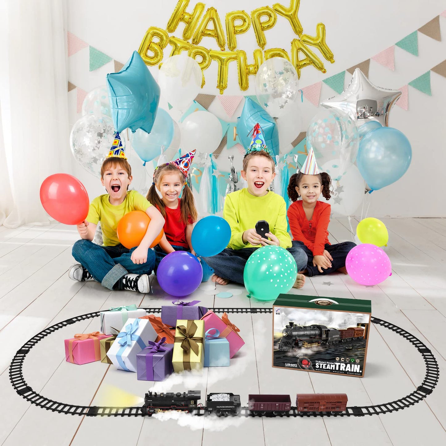 Joneala Train Set With Remote Control,Electric Train Track Around Christmas Tree W/Cargo Vehicle,Light & Sounds,Alloy Steam Locomotive Engine Train Toy Gift For Boys Girls 4 5 6 7 8 9 10