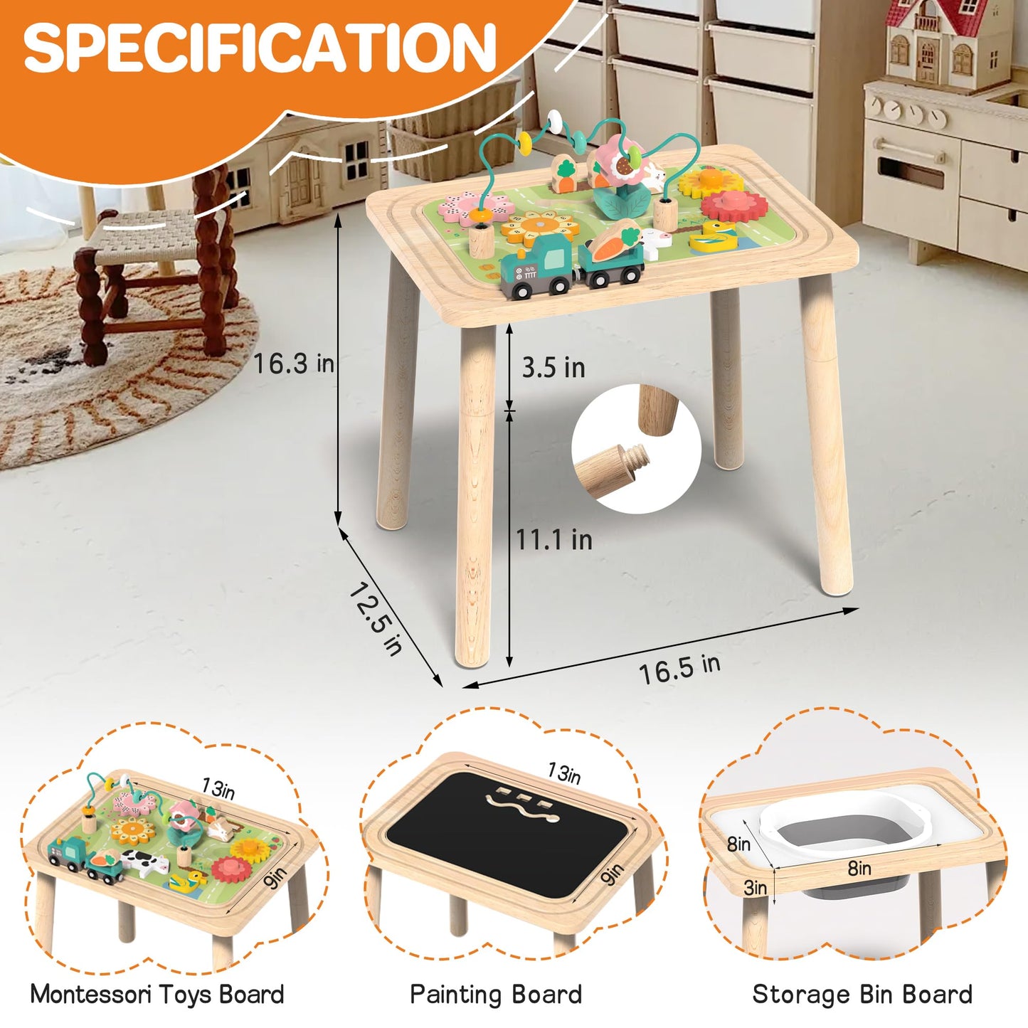 Himold Activity Table for Kids 6-36 Months, 9 in 1 Wooden Montessori Toys with Bead Maze Shape Sorter Train Toy, Baby Sensory Ta