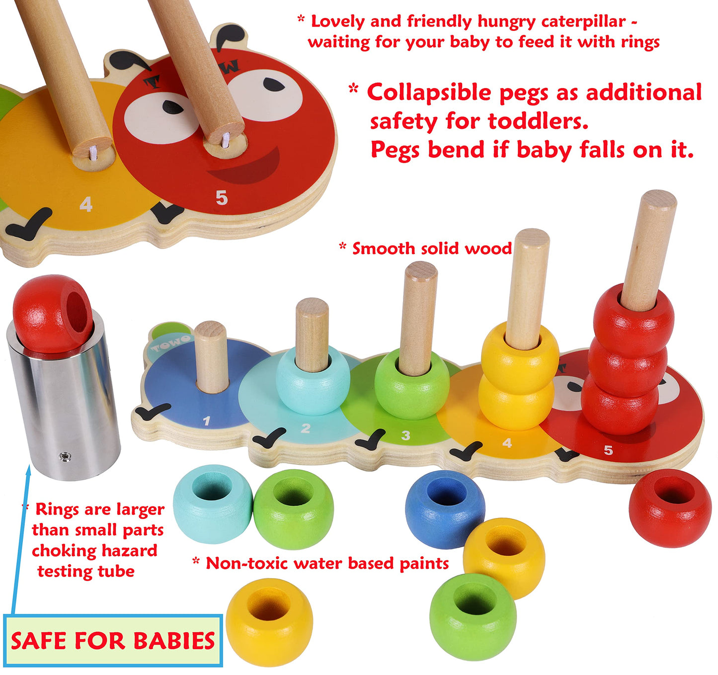Toys of Wood Oxford Wooden Stacking Rings - Caterpillar Counting Game, 15 Pieces, Small, Color Sorting Puzzle for 1 Year Olds