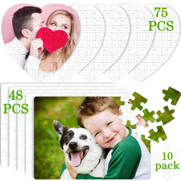 Sumind 10 Sets Blank Sublimation Puzzle Jigsaw Rectangle Heart Shaped White Diy Custom Puzzle Heat Press Thermal Transfer Pearl(A5-48 Rectangle And 75-Heart Shaped)